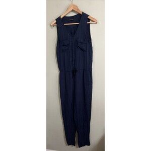 Zara Navy Blue Sleeveless Front Pockets Cinched waist V-Neck Jumpsuit Size Xs